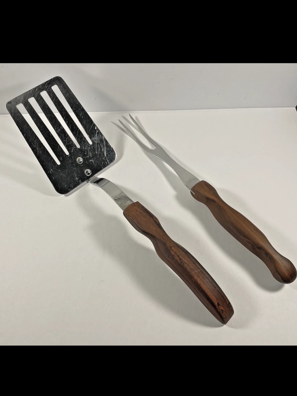 Vintage CUTCO Slotted Turner No. 16 & Carving Fork No. 26-Brown Swirl Handle-USA
